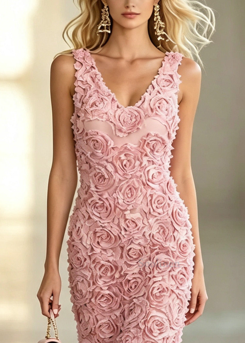 Beautiful Pink V Neck Floral Dinner Dress Summer