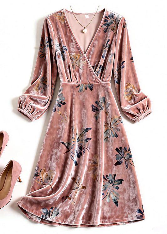 Beautiful Pink V Neck Print Silk Velvet Dresses Spring