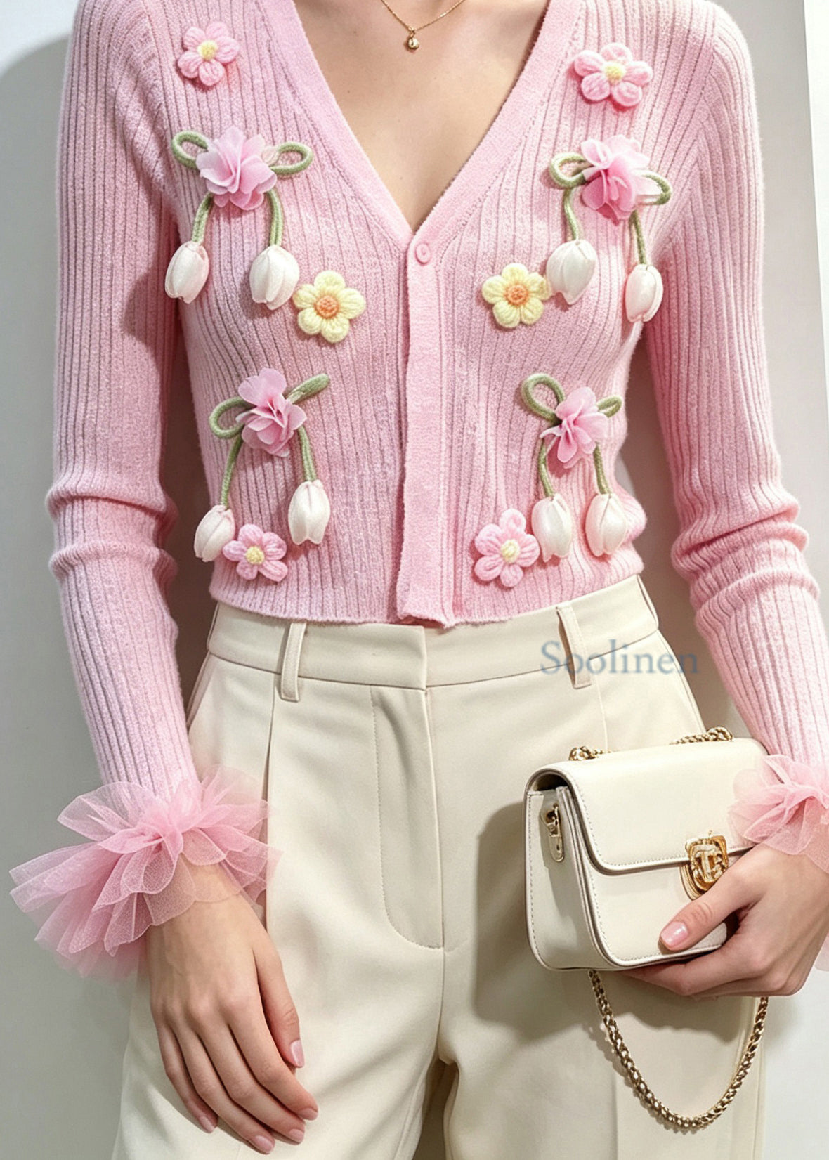 Beautiful Pink V Neck Sculptural Floral Tulle Cuffs Knit Cardigan Fall