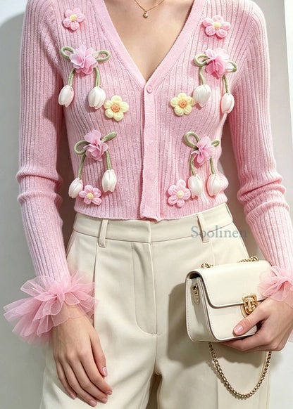 Beautiful Pink V Neck Sculptural Floral Tulle Cuffs Knit Cardigan Fall