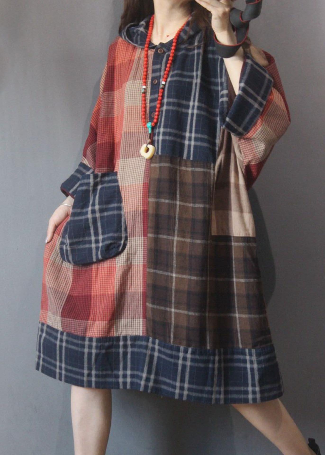 Beautiful Plaid Patchwork hooded Cotton Linen Holiday Dress Summer - SooLinen