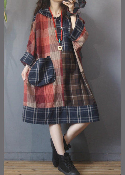 Beautiful Plaid Patchwork hooded Cotton Linen Holiday Dress Summer - SooLinen