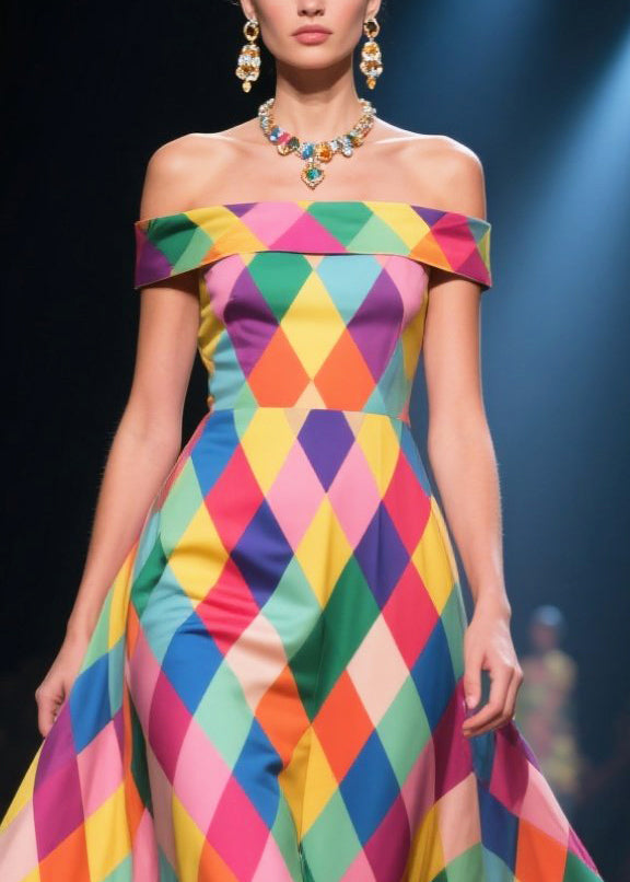 Beautiful Polychrome Plaid Three-dimensional Flower Silk Strapless Dress Summer