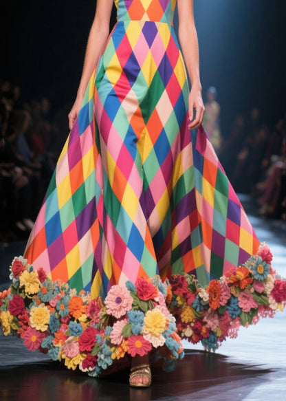 Beautiful Polychrome Plaid Three-dimensional Flower Silk Strapless Dress Summer