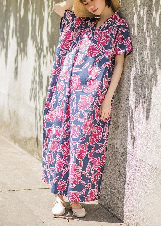 Beautiful Pink Print Summer Cotton Dress Batwing Sleeve Maxi Dress - SooLinen