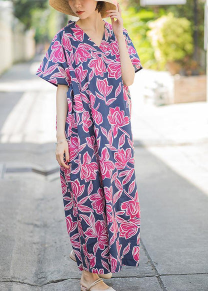 Beautiful Pink Print Summer Cotton Dress Batwing Sleeve Maxi Dress - SooLinen