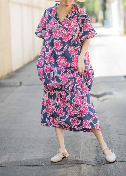 Beautiful Pink Print Summer Cotton Dress Batwing Sleeve Maxi Dress - SooLinen
