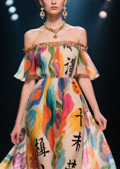 Beautiful Print Exra Large Hem Chiffon Cold Shoulder Dress Summer