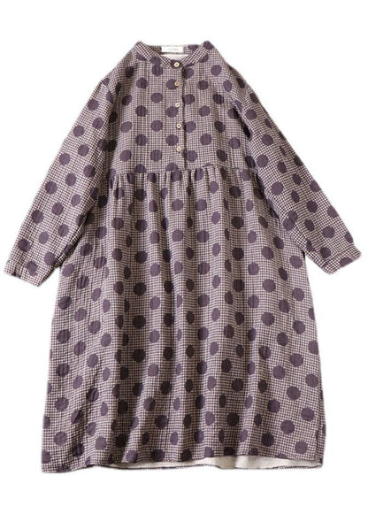 Beautiful Purple Button Patchwork Pockets Fall Print Party Dress Long sleeve - SooLinen