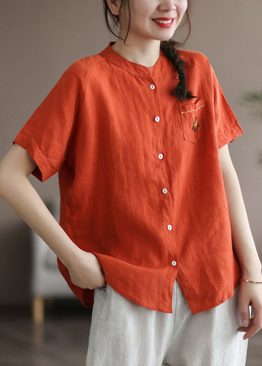 Hermosa blusa de lino con patchwork bordado morado para verano