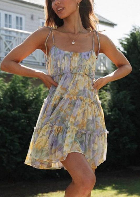 Beautiful Purple Print Chiffon Tea Dress Summer