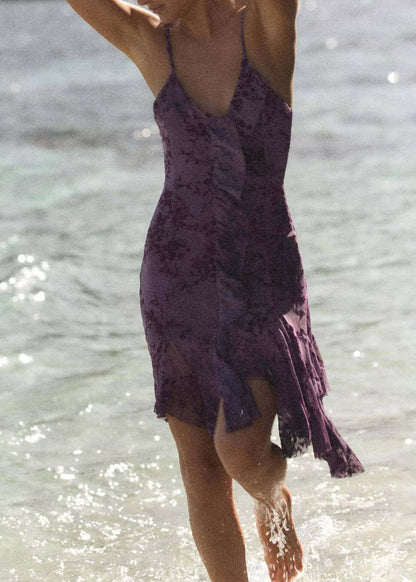 Beautiful Purple Ruffled Asymmetrical Print Lace Spaghetti Strap Dress Summer