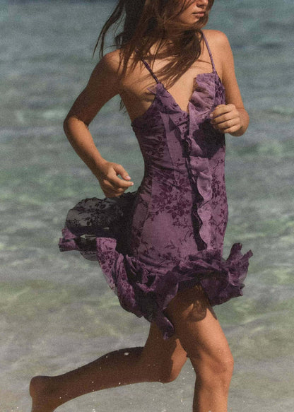 Beautiful Purple Ruffled Asymmetrical Print Lace Spaghetti Strap Dress Summer