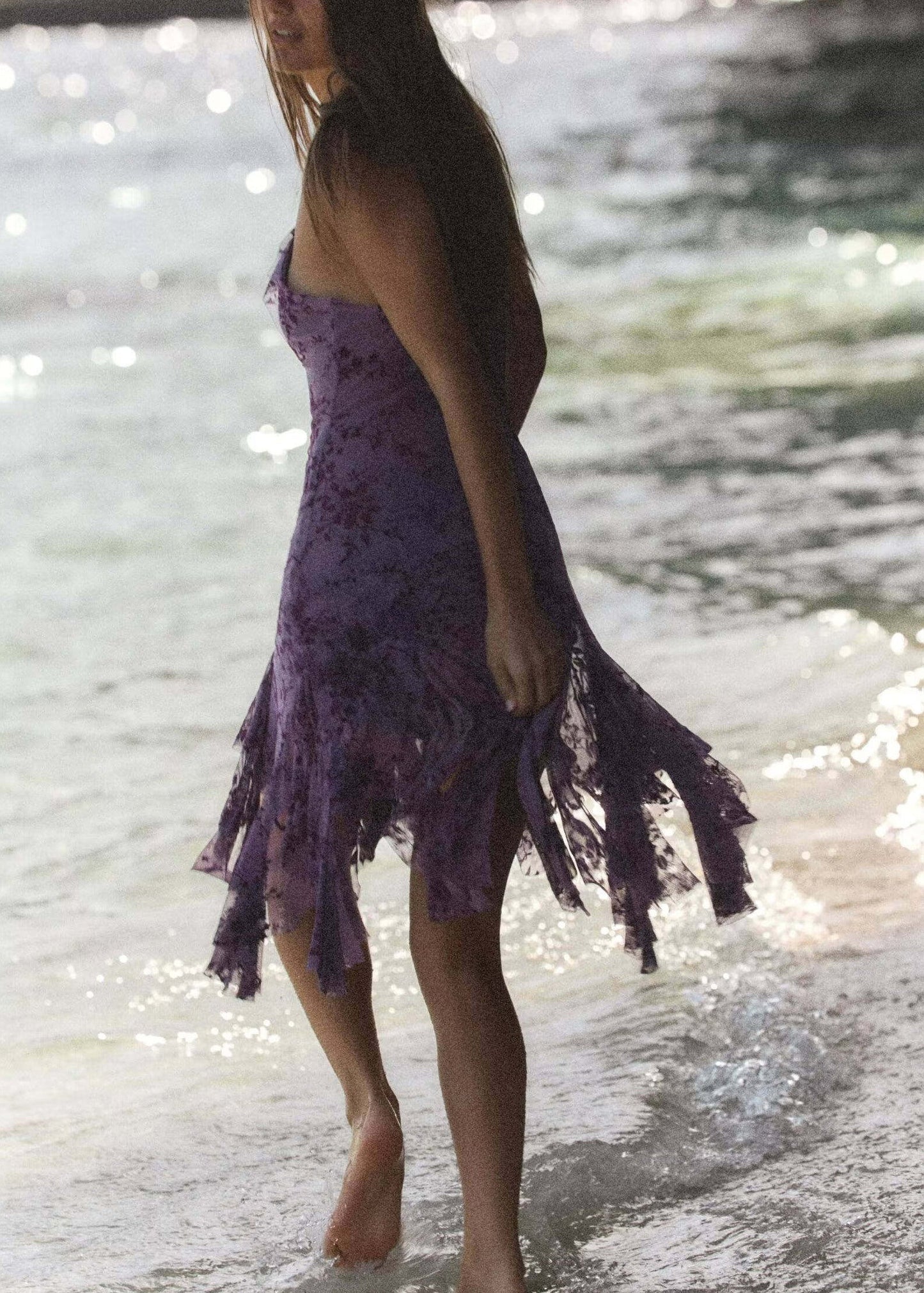 Beautiful Purple Ruffled Asymmetrical Print Lace Spaghetti Strap Dress Summer