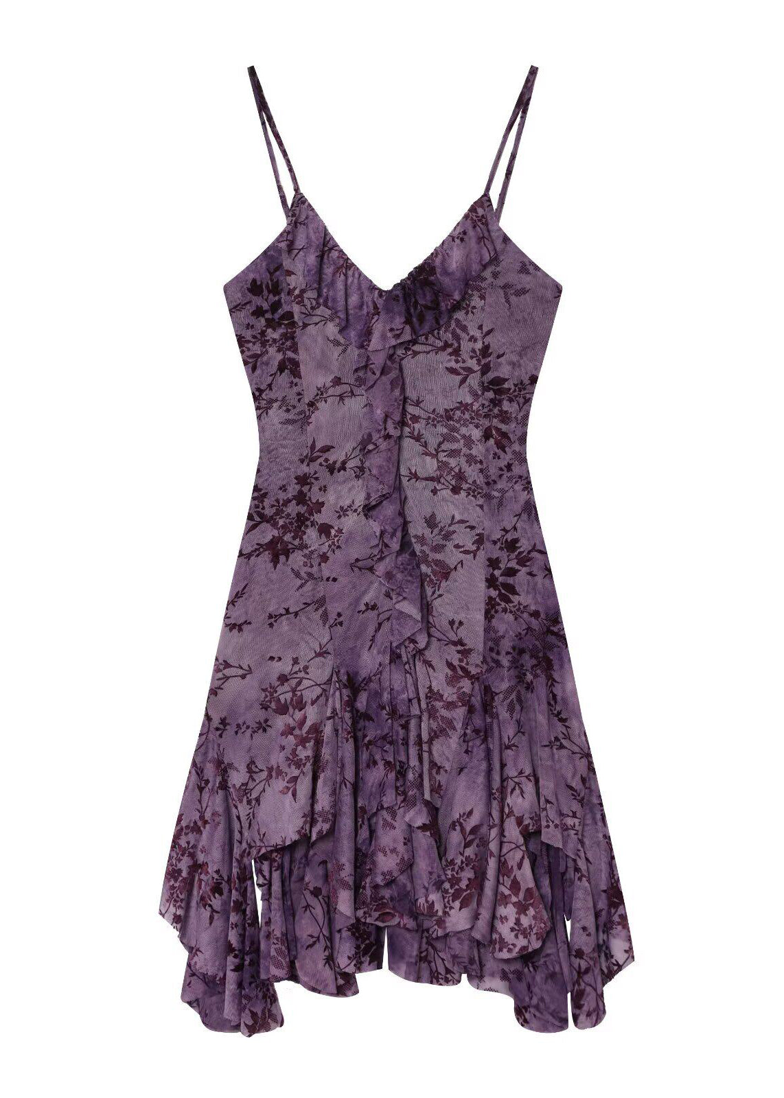 Beautiful Purple Ruffled Asymmetrical Print Lace Spaghetti Strap Dress Summer