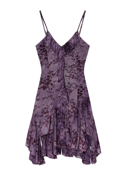 Beautiful Purple Ruffled Asymmetrical Print Lace Spaghetti Strap Dress Summer