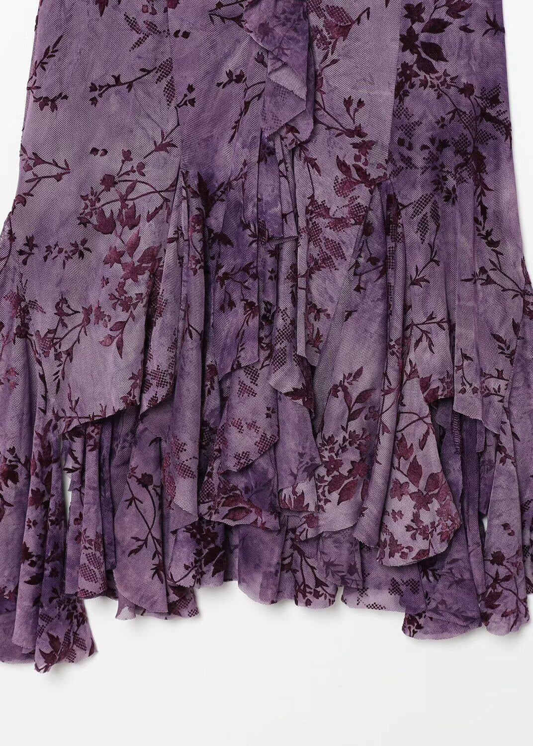Beautiful Purple Ruffled Asymmetrical Print Lace Spaghetti Strap Dress Summer