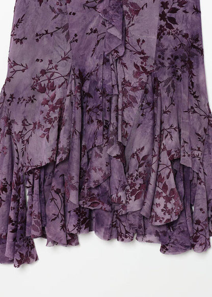 Beautiful Purple Ruffled Asymmetrical Print Lace Spaghetti Strap Dress Summer