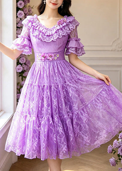 Beautiful Purple Ruffled Embroidered Lace Long Dresses Summer