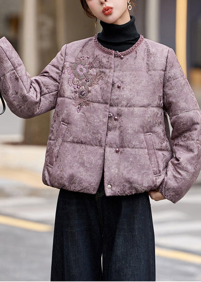 Hermosa chaqueta de invierno de algodón fino con lentejuelas moradas y cuentas para uñas.