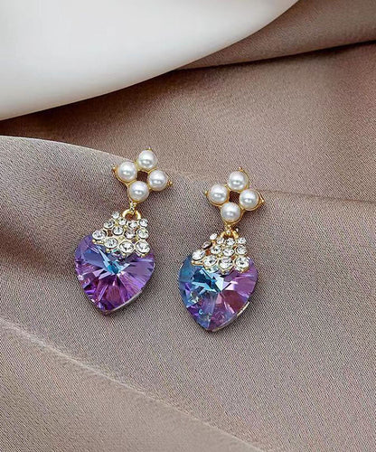 Hermosos aretes colgantes de plata esterlina morada con incrustaciones de circonitas y perlas de cristal.