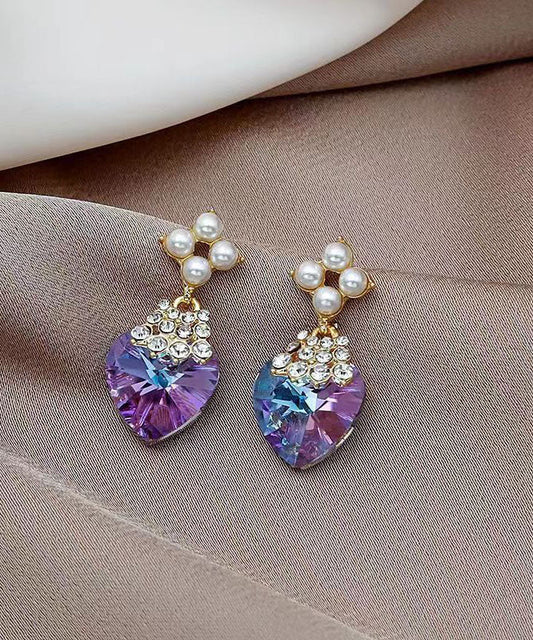Hermosos aretes colgantes de plata esterlina morada con incrustaciones de circonitas y perlas de cristal.