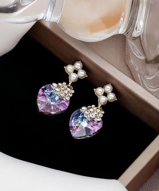 Hermosos aretes colgantes de plata esterlina morada con incrustaciones de circonitas y perlas de cristal.