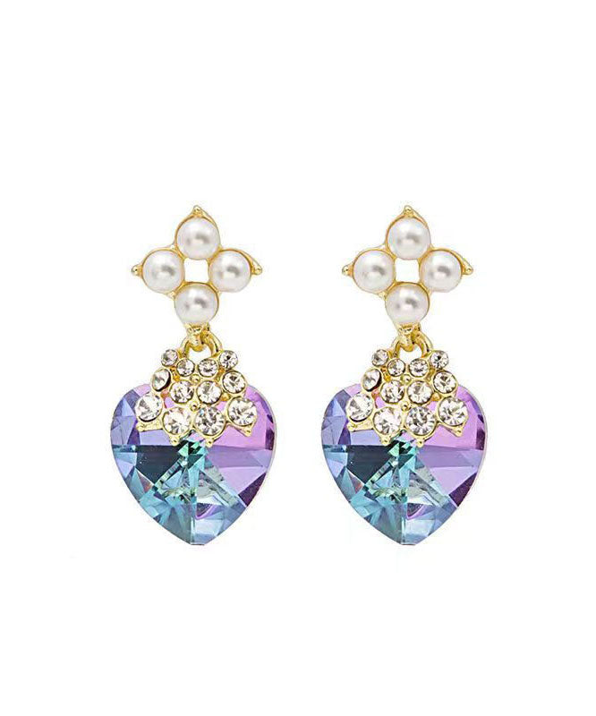 Hermosos aretes colgantes de plata esterlina morada con incrustaciones de circonitas y perlas de cristal.