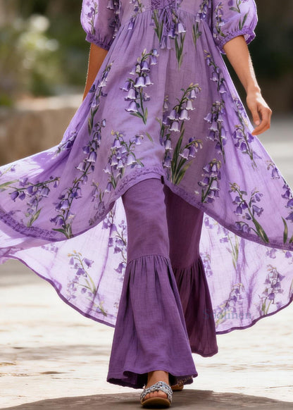 Beautiful Purple V Neck Print Patchwork Cotton Two Pieces Set Summer