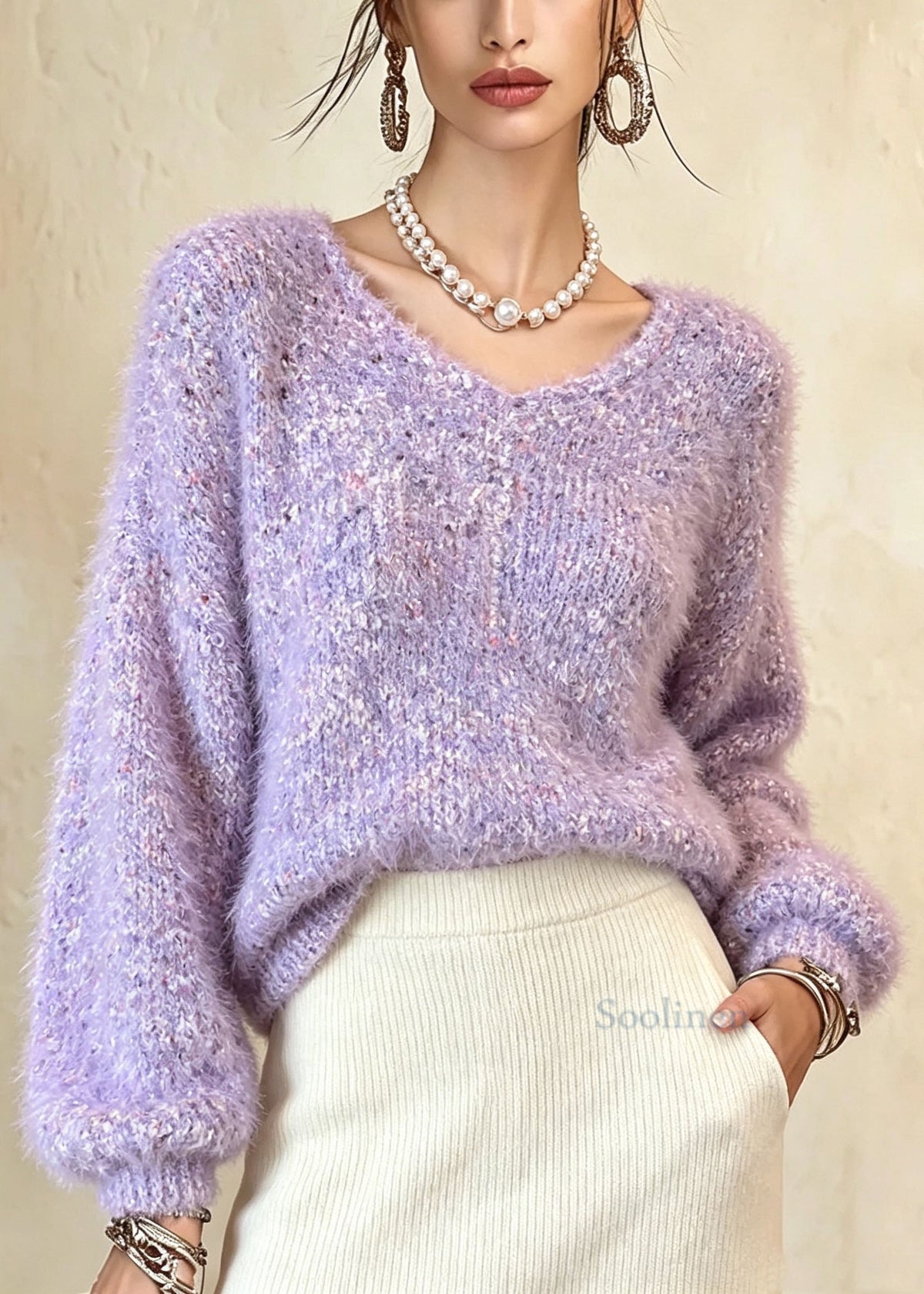 Beautiful Purple V Neck Thick Patchwork Knit Sweaters Fall