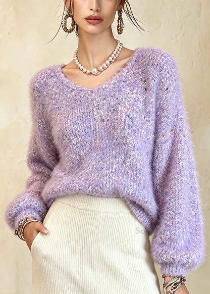 Beautiful Purple V Neck Thick Patchwork Knit Sweaters Fall