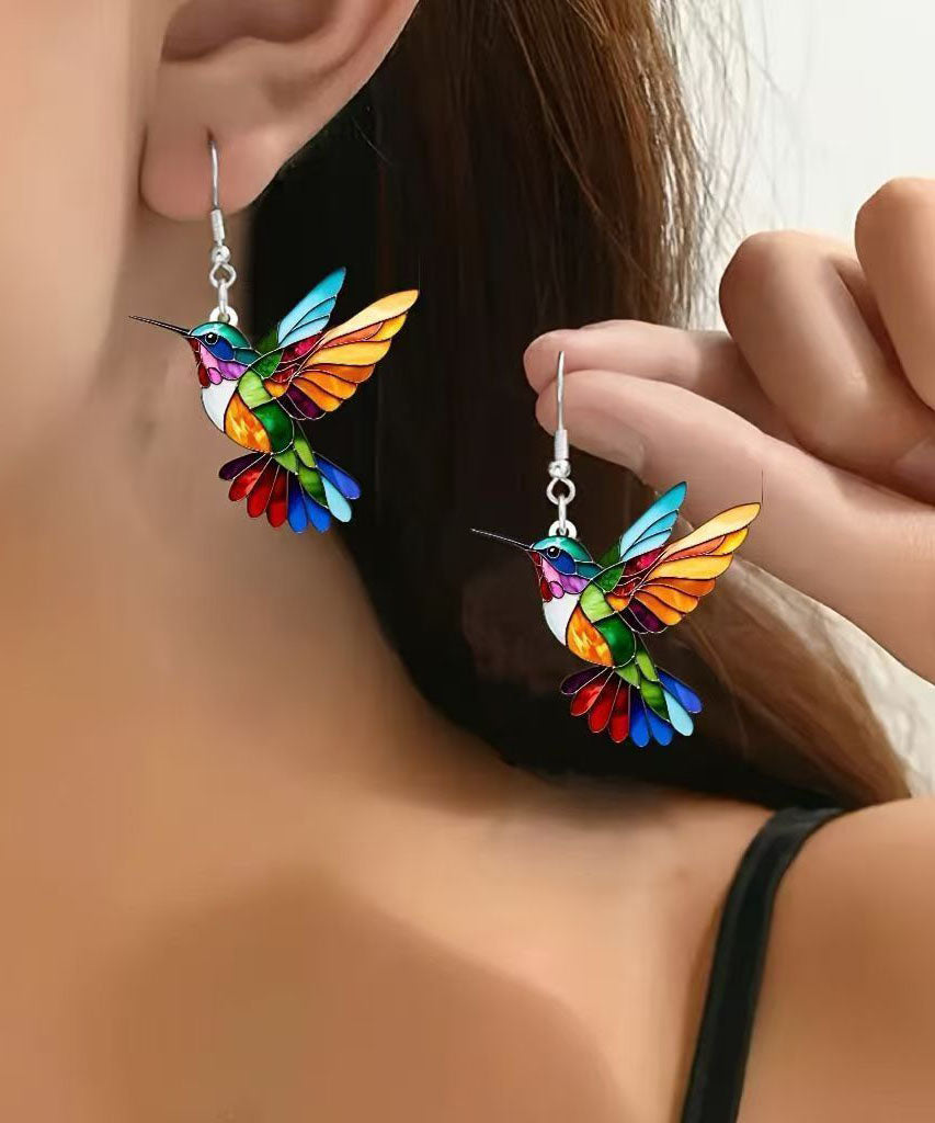 Hermosos aretes colgantes de pájaro acrílico de plata esterlina con arcoíris