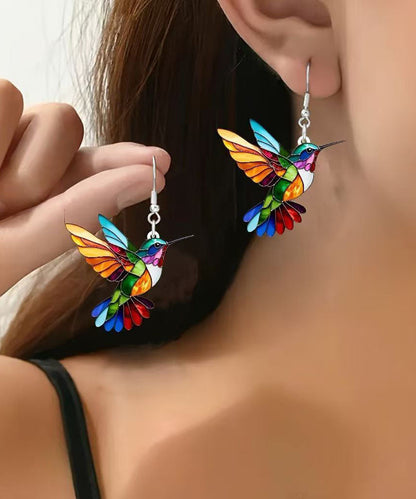 Hermosos aretes colgantes de pájaro acrílico de plata esterlina con arcoíris