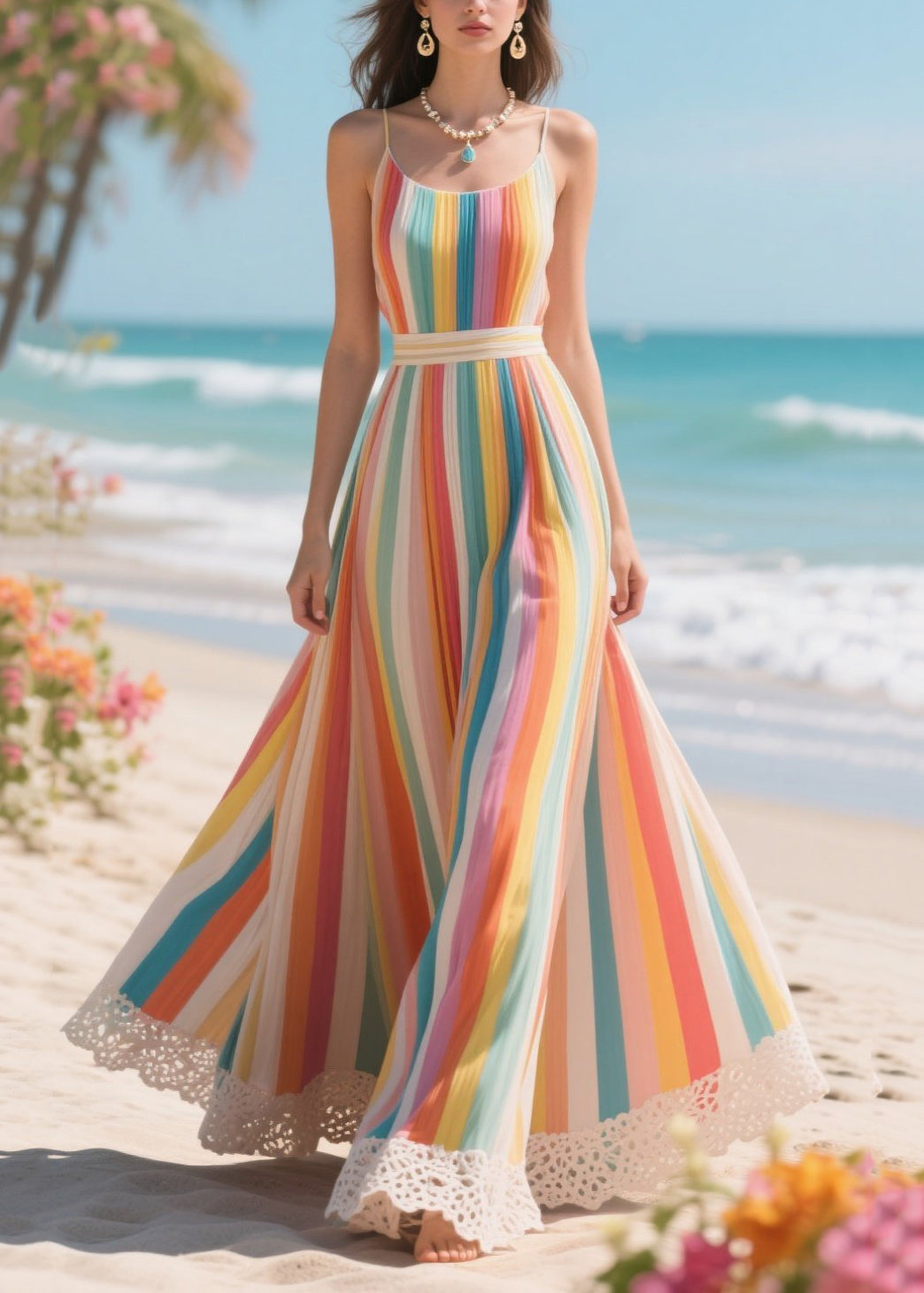 Beautiful Rainbow Striped Patchwork Lace Chiffon Cami Dresses Summer