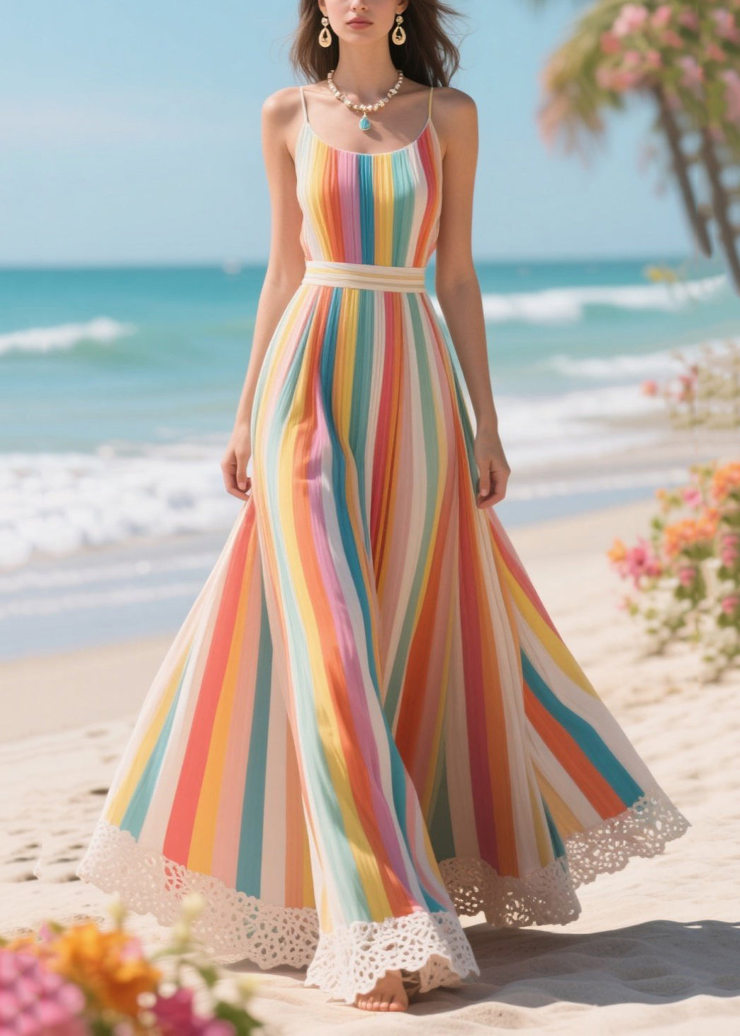 Beautiful Rainbow Striped Patchwork Lace Chiffon Cami Dresses Summer