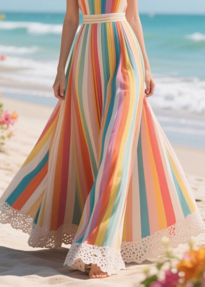 Beautiful Rainbow Striped Patchwork Lace Chiffon Cami Dresses Summer