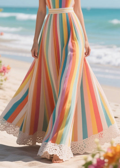Beautiful Rainbow Striped Patchwork Lace Chiffon Cami Dresses Summer