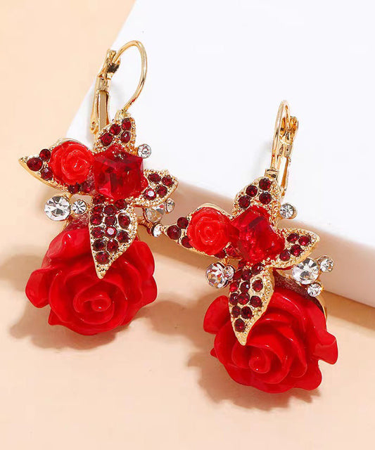 Beautiful Red Acrylic Alloy Zircon Butterfly Floral Drop Earrings