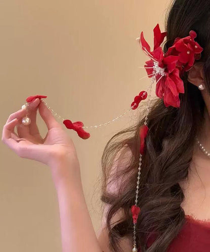 Beautiful Red Acrylic Pearl Floral Tassel Hairpin