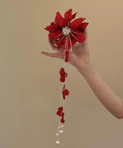 Beautiful Red Acrylic Pearl Floral Tassel Hairpin