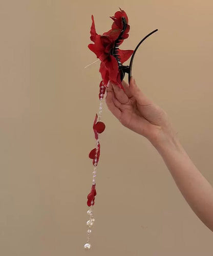 Beautiful Red Acrylic Pearl Floral Tassel Hairpin