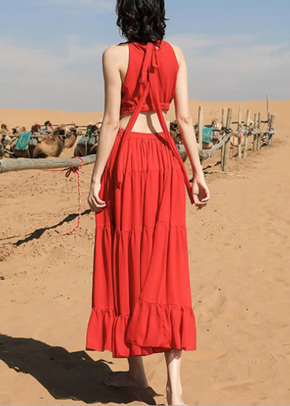 Beautiful Red Embroidered Lace Up Chiffon Long Dress Sleeveless
