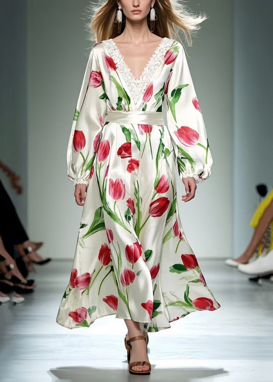 Beautiful Red Floral Silk Dress Exra Large Hem Spring