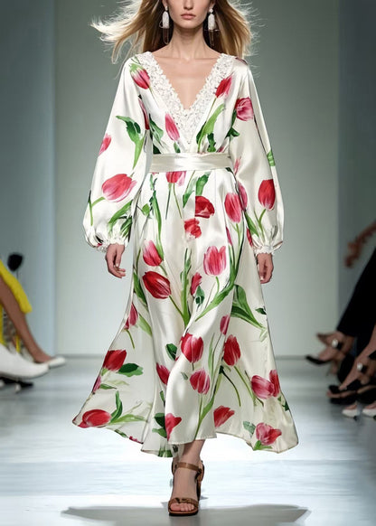 Beautiful Red Floral Silk Dress Exra Large Hem Spring