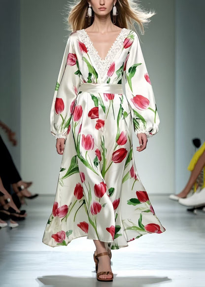 Beautiful Red Floral Silk Dress Exra Large Hem Spring