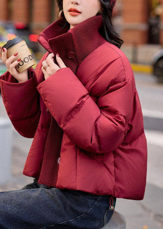 Beautiful Red High Neck Patchwork Drawstring Fine Cotton Filled Puffer Jacket Winter