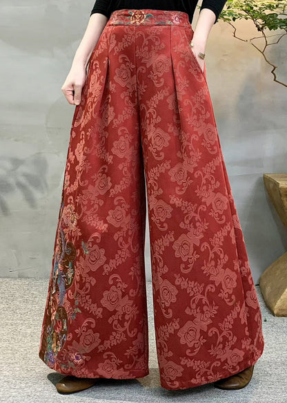 Beautiful Red Jacquard Pockets Warm Fleece Pants Winter