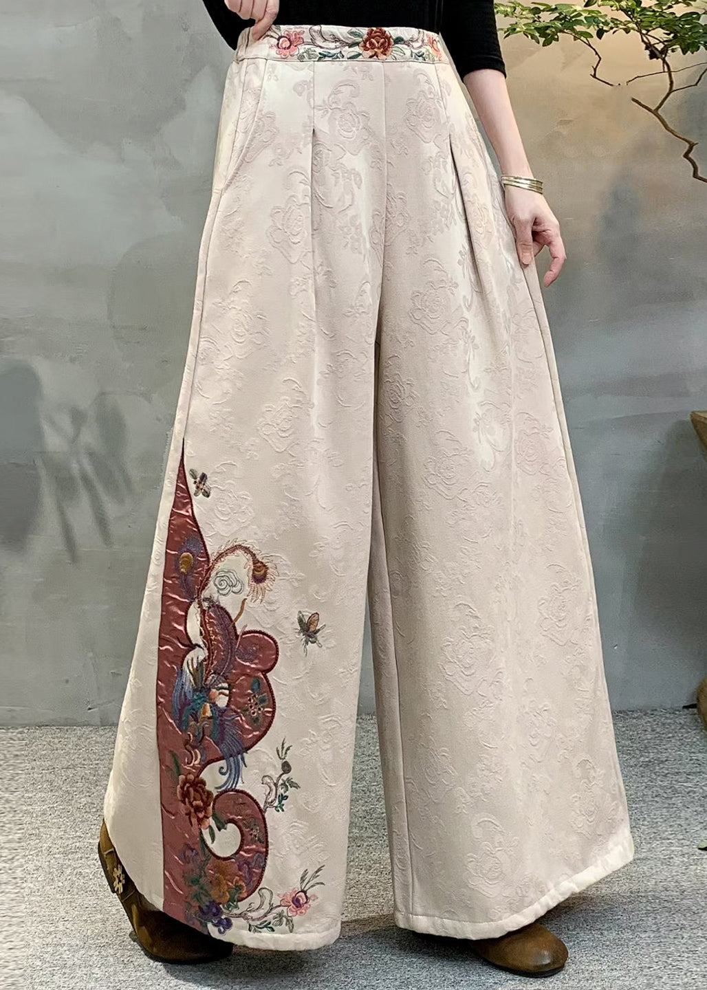 Beautiful Red Jacquard Pockets Warm Fleece Pants Winter