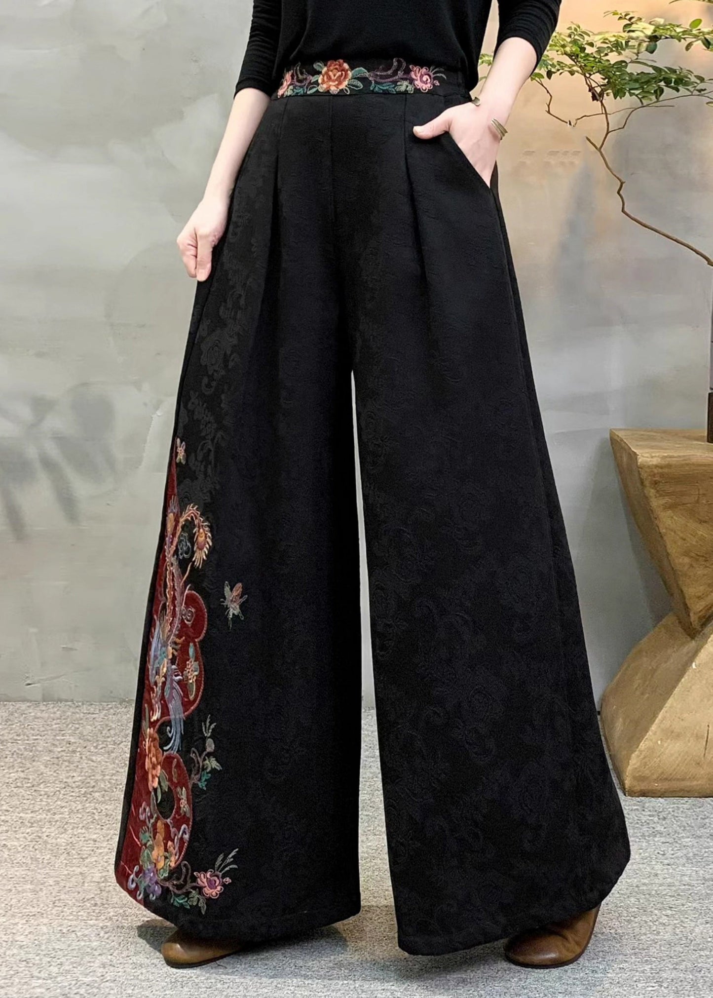 Beautiful Red Jacquard Pockets Warm Fleece Pants Winter