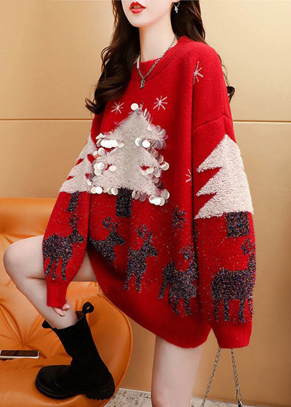 Schöner roter O-Ausschnitt Weihnachts-Jacquard-Strickpullover für den Winter